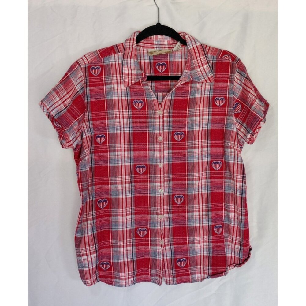 Vtg Angelique Button‎ Up Shirt Plaid Patriotic Flag Hearts Women XL Short Sleeve